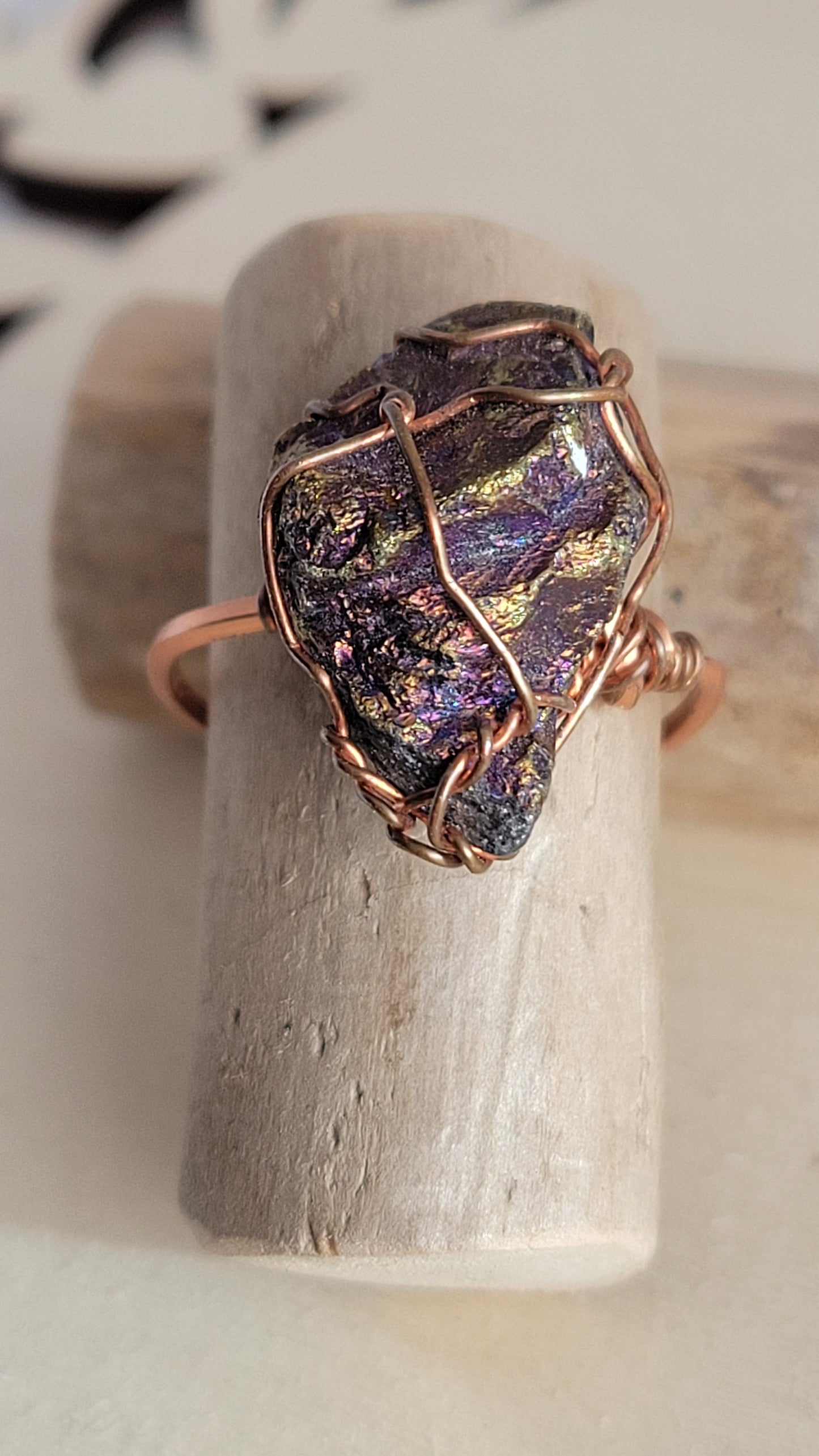 Peacock ore crystal ring