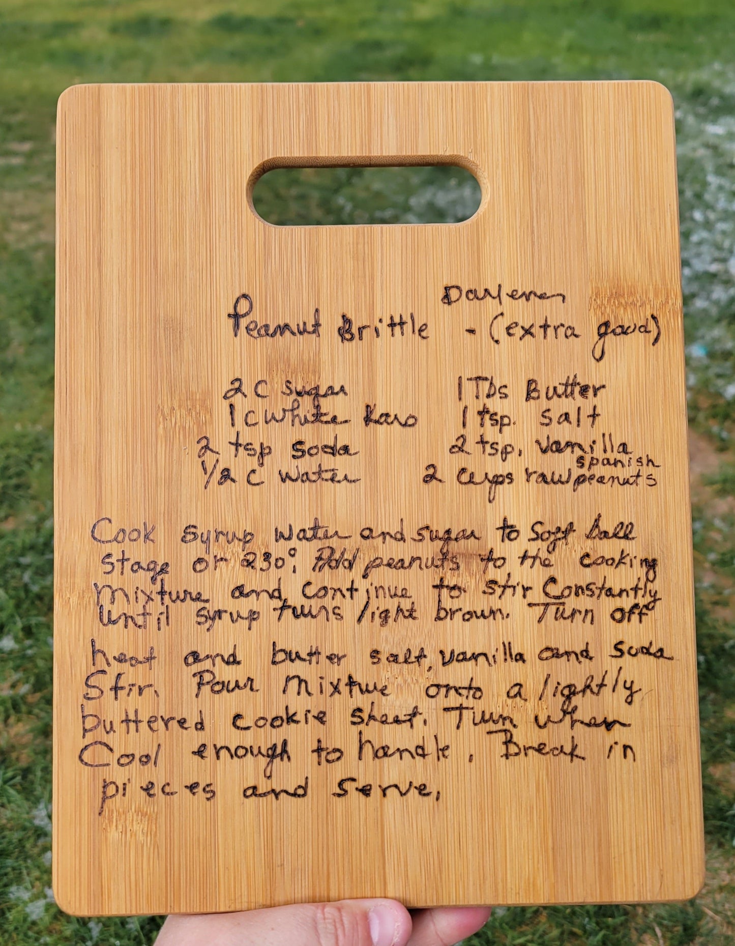 Custom woodburn cutting board, handwritten recipe