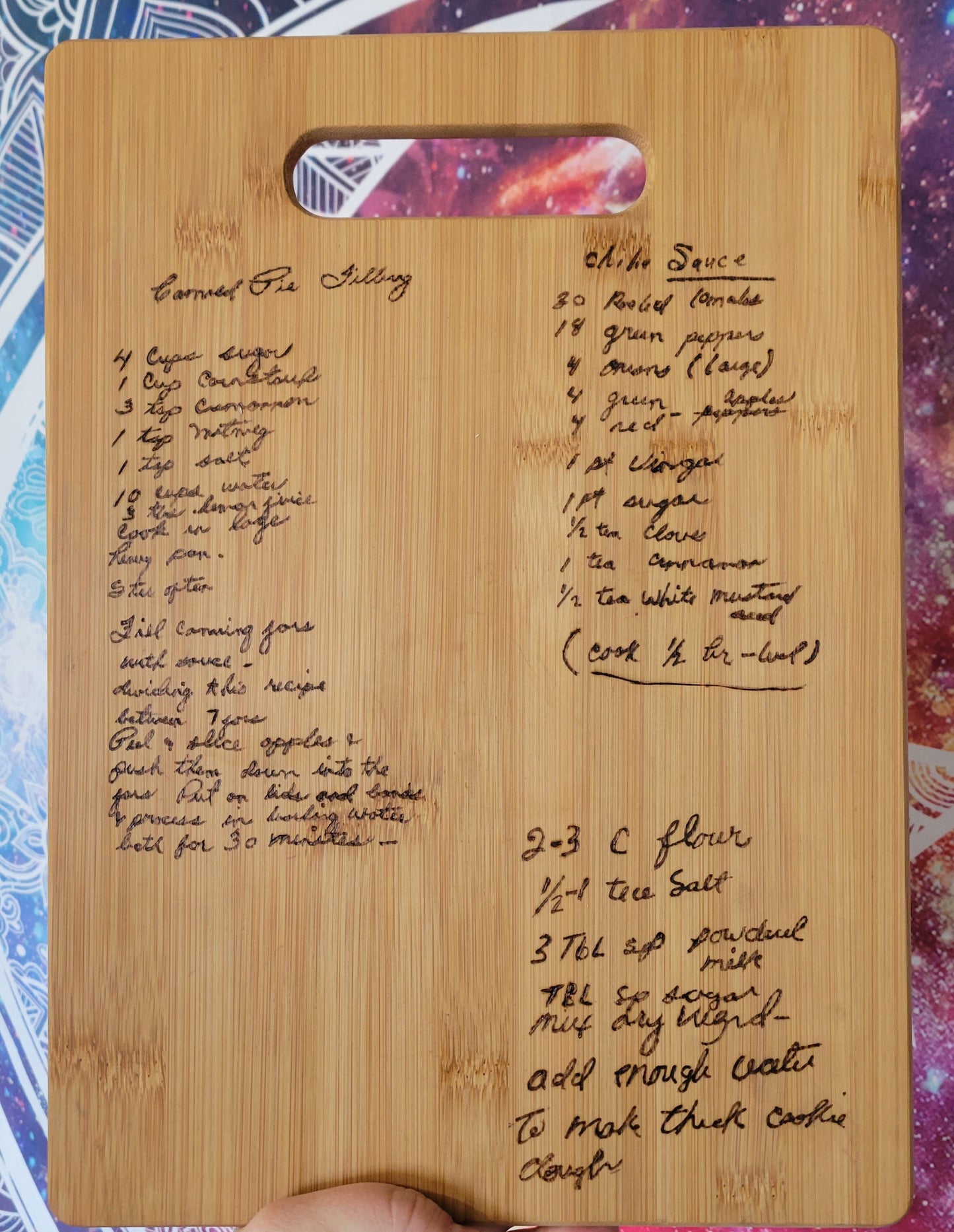 Custom woodburn cutting board, handwritten recipe