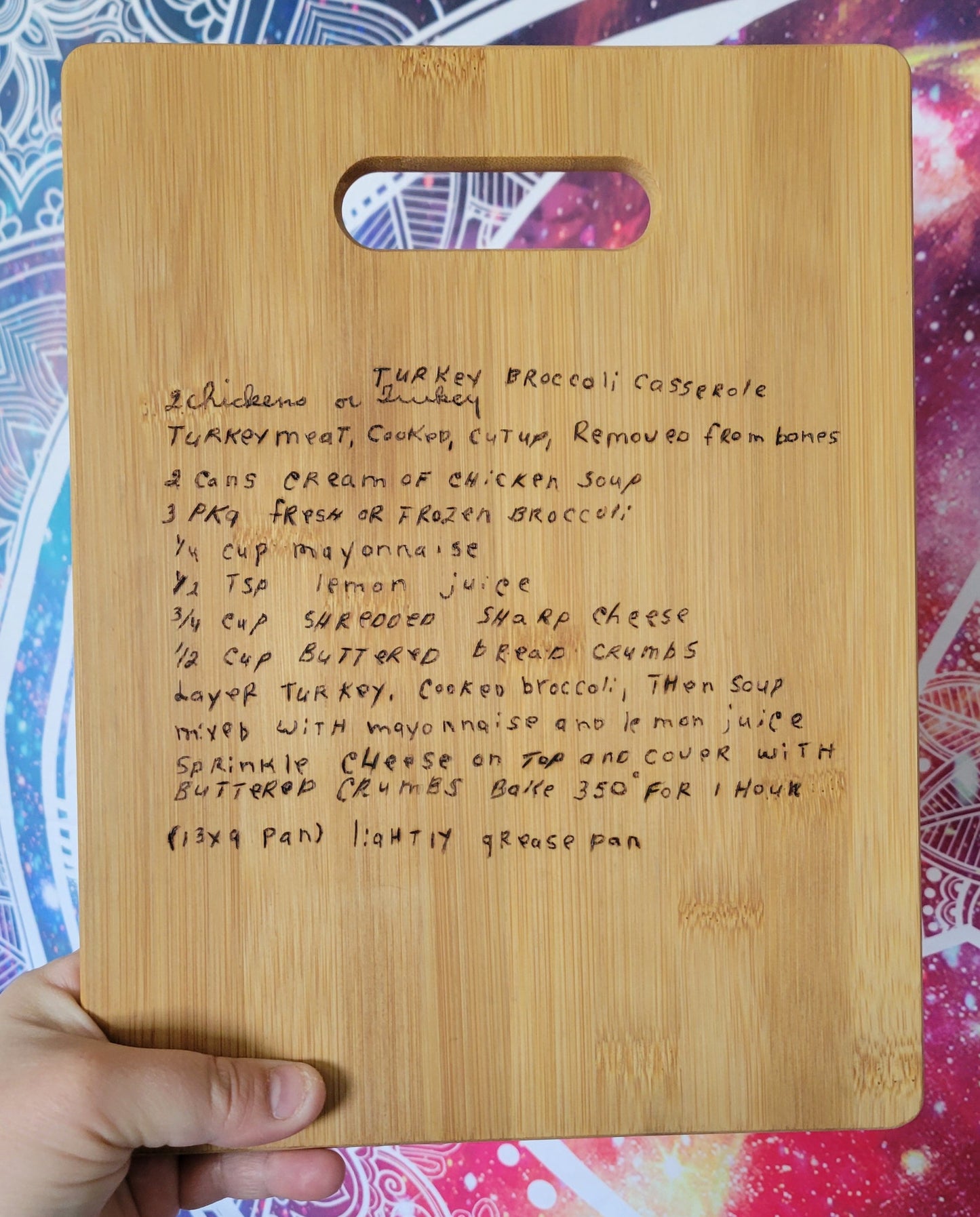 Custom woodburn cutting board, handwritten recipe