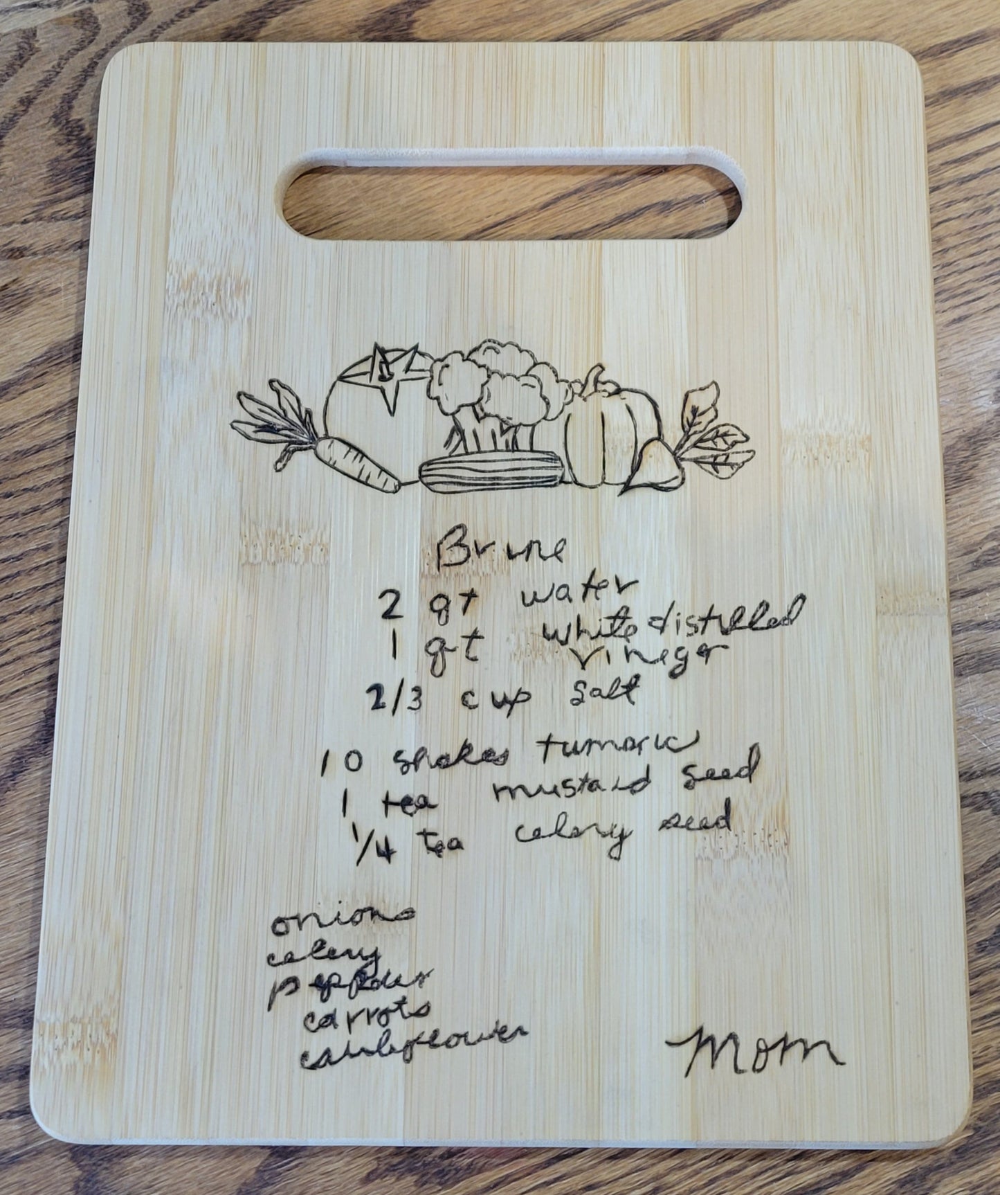 Custom woodburn cutting board, handwritten recipe