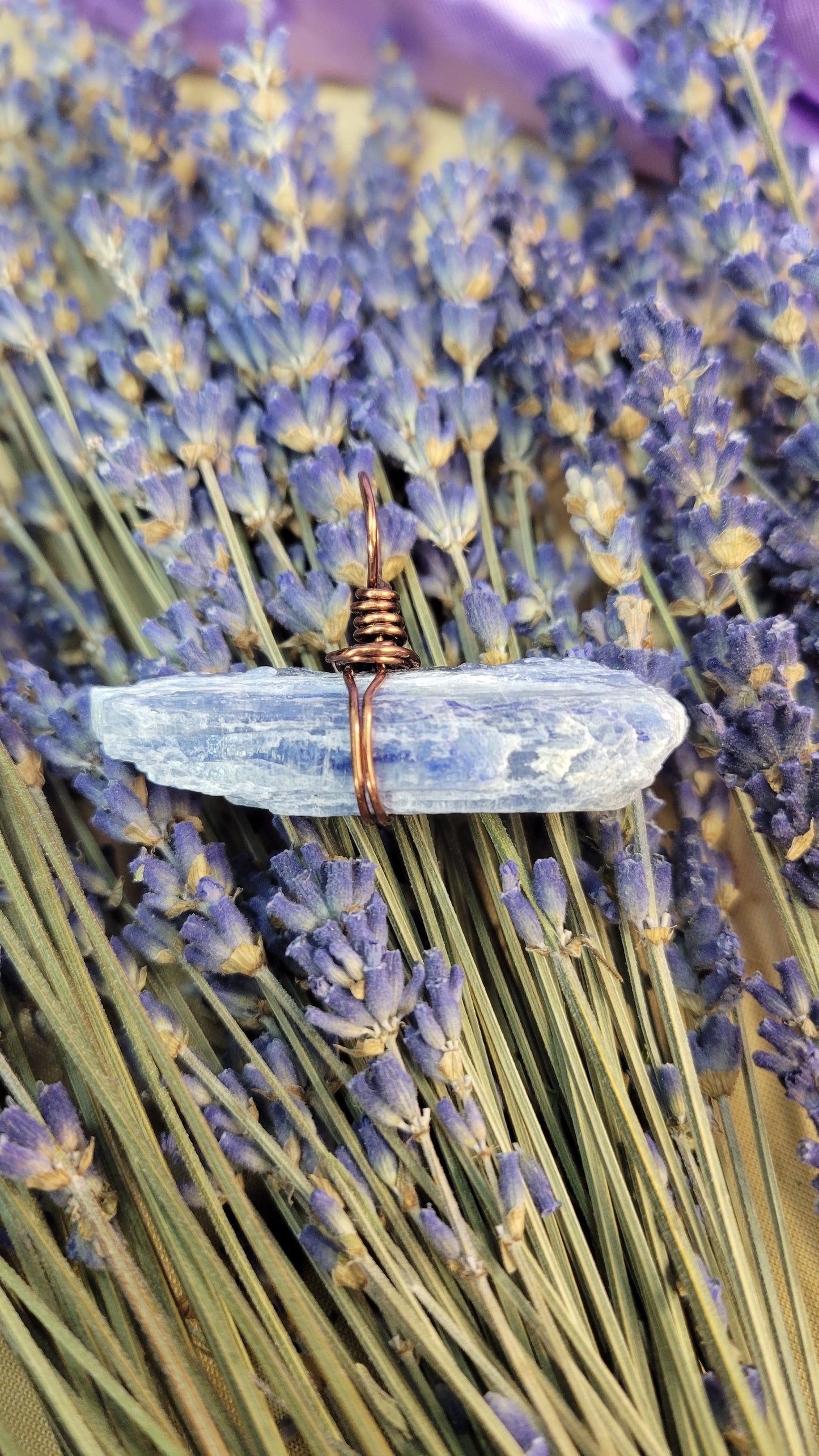 Wire wrapped blue kyanite crystal necklace