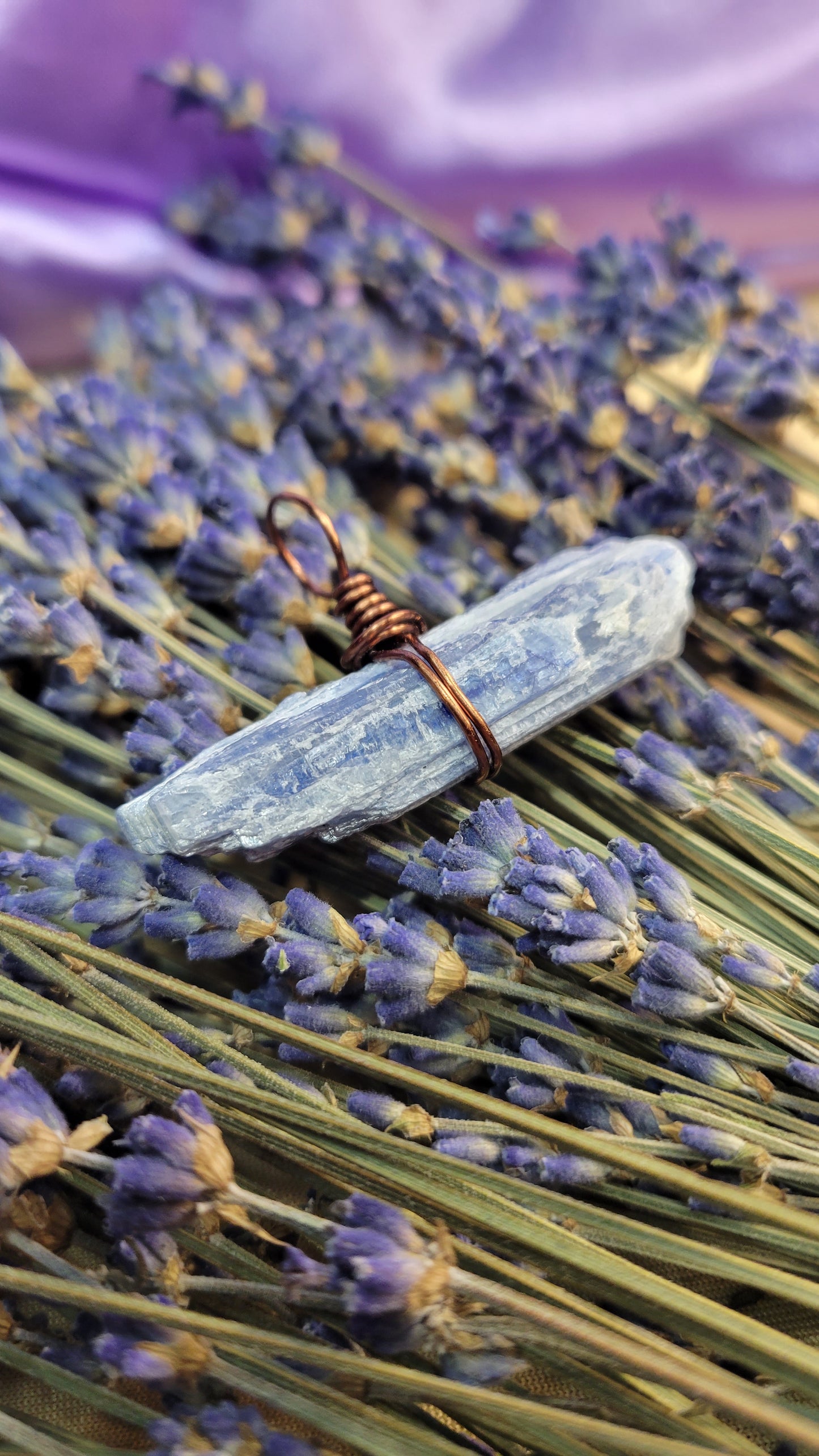 Wire wrapped blue kyanite crystal necklace