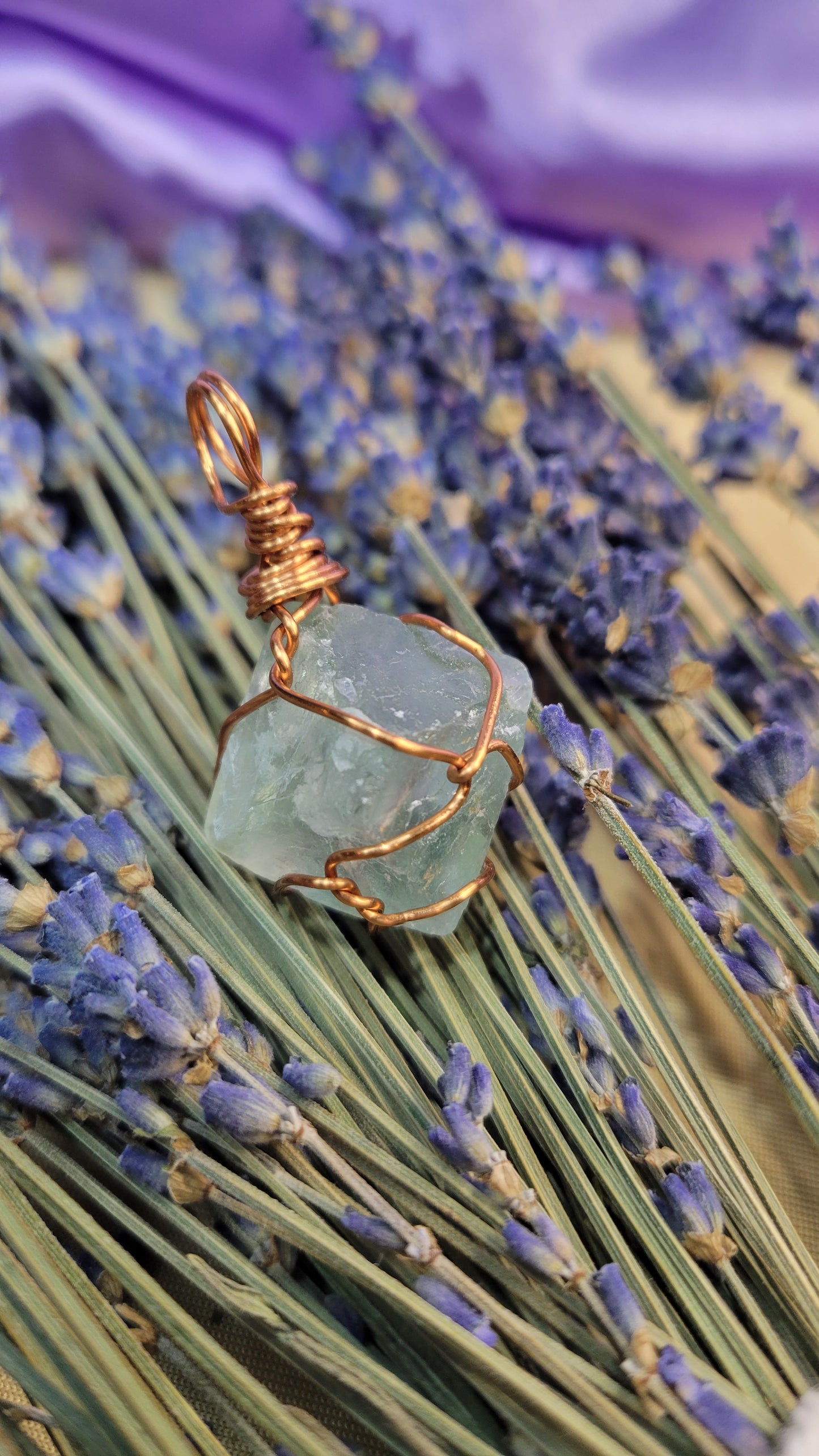 Wire wrapped green fluorite octahedron crystal necklace