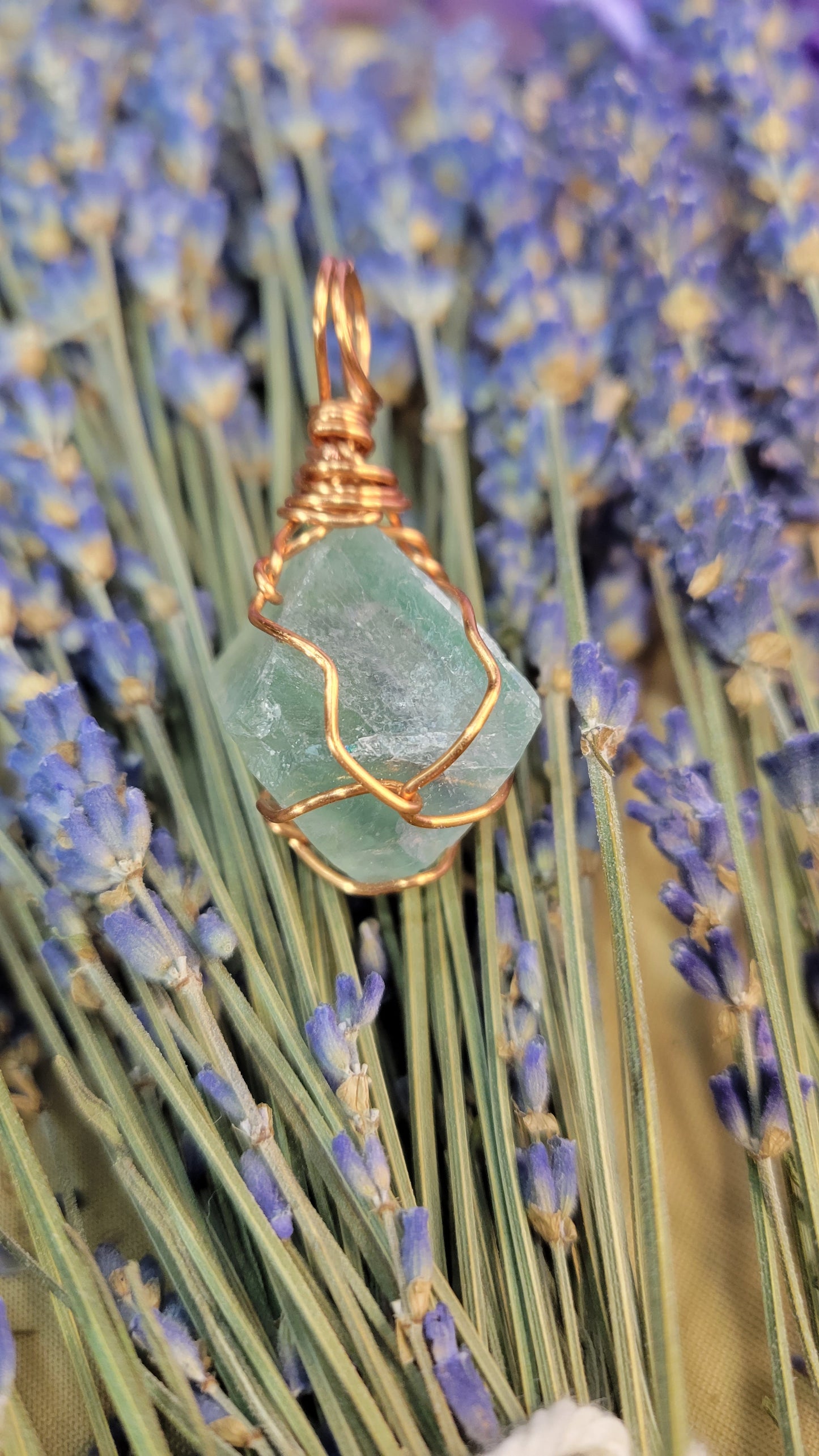 Wire wrapped green fluorite octahedron crystal necklace