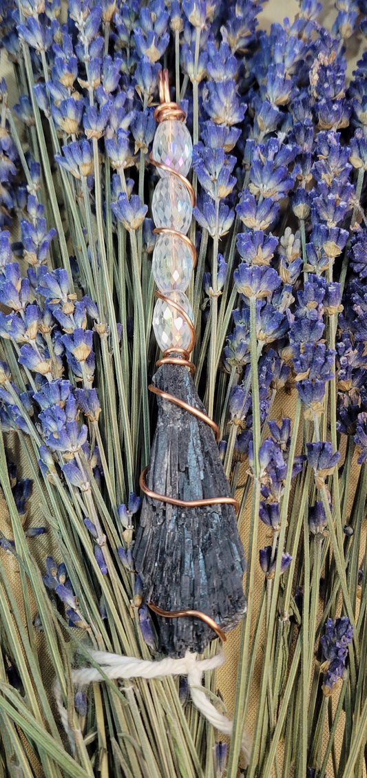 Wire wrapped Black kyanite witch broom necklace