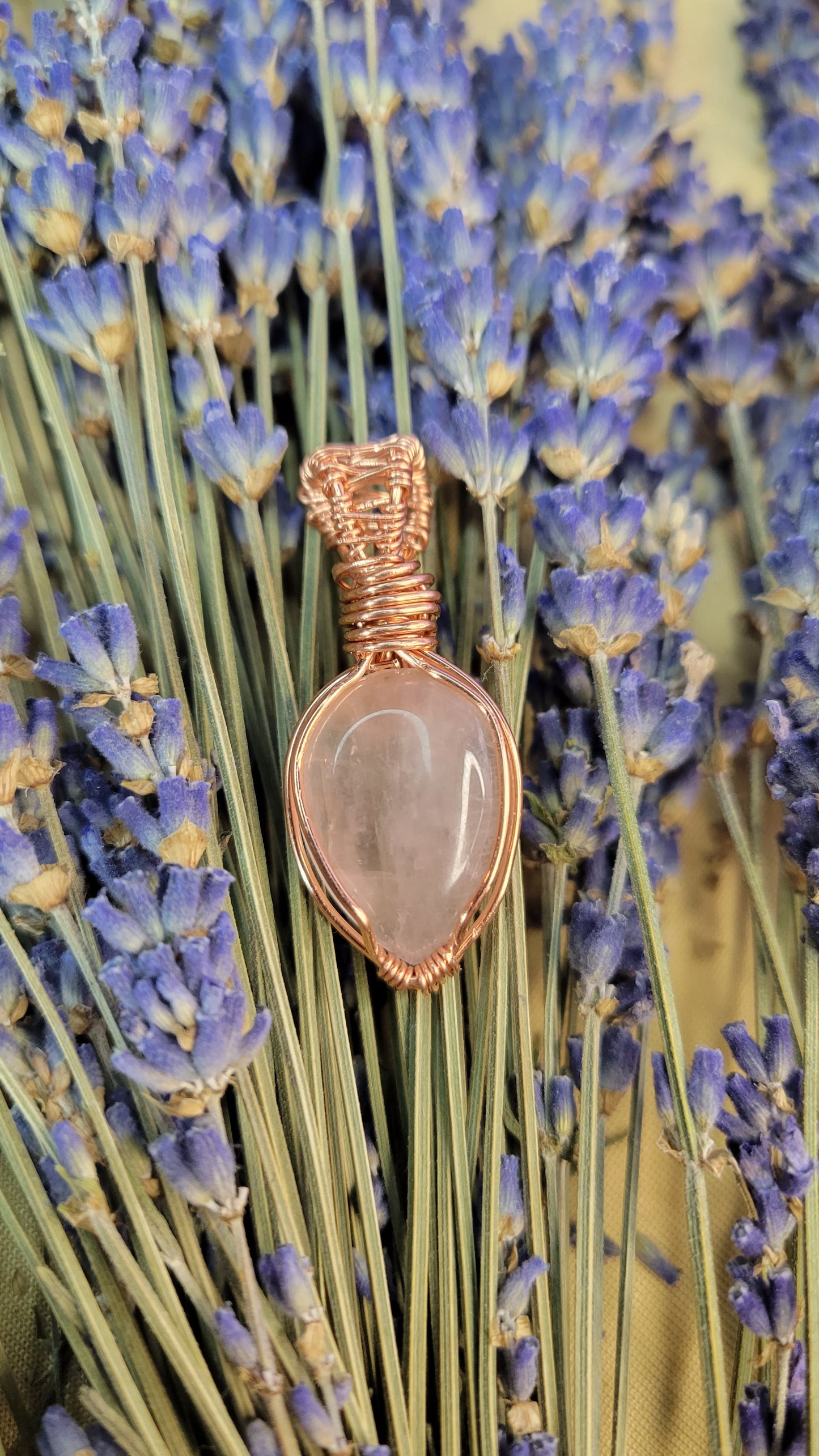 Wire wrapped rose quartz teardrop shape crystal necklace