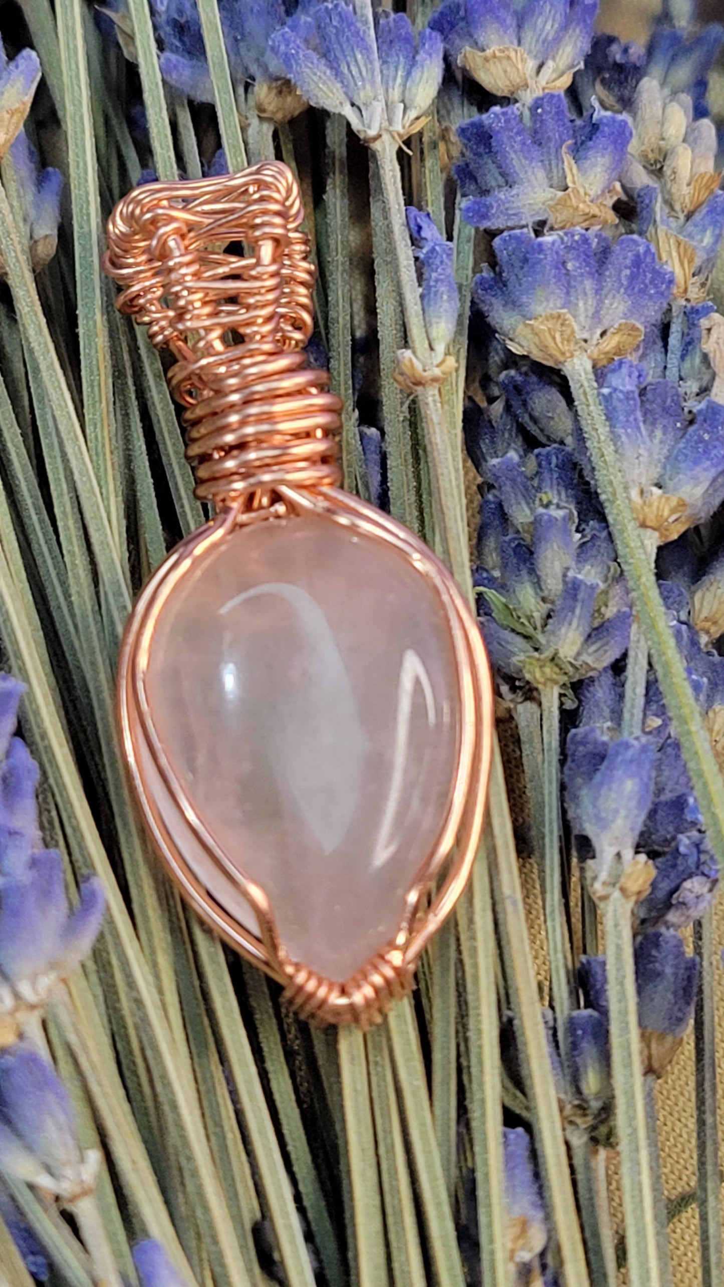 Wire wrapped rose quartz teardrop shape crystal necklace