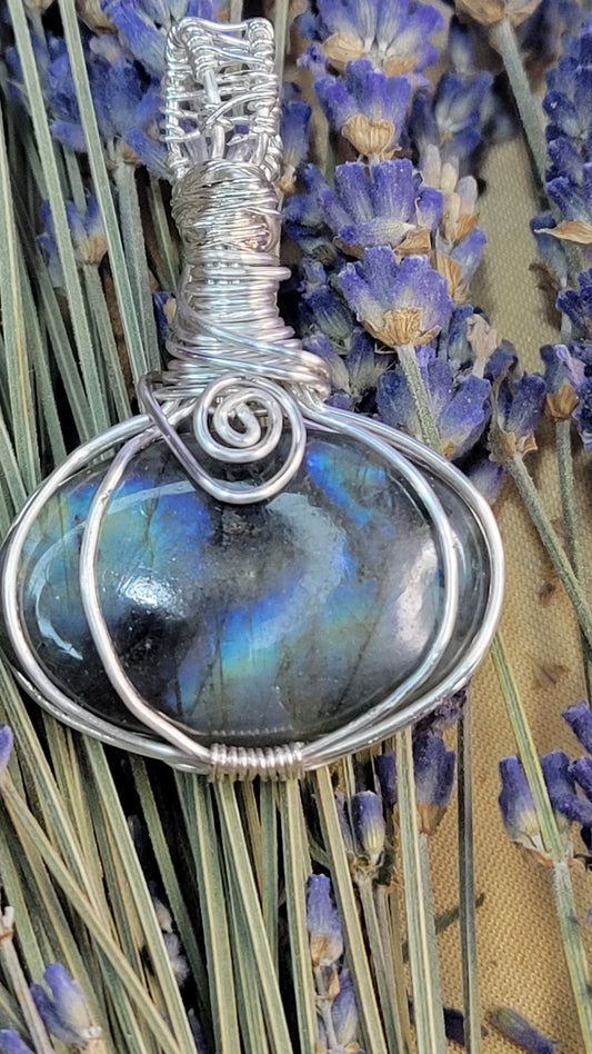 Wire wrapped labradorite crystal necklace