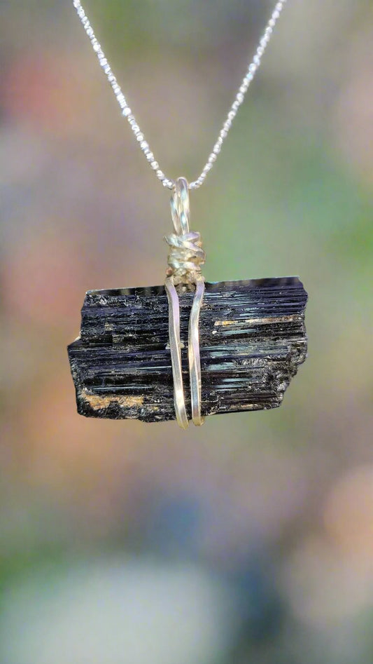 Simple wire wrapped black tourmaline crystal necklace