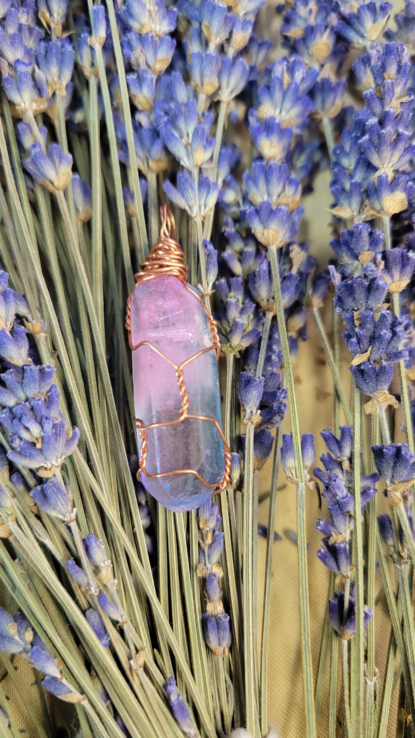 Wire wrapped quartz (artificial color) crystal necklace