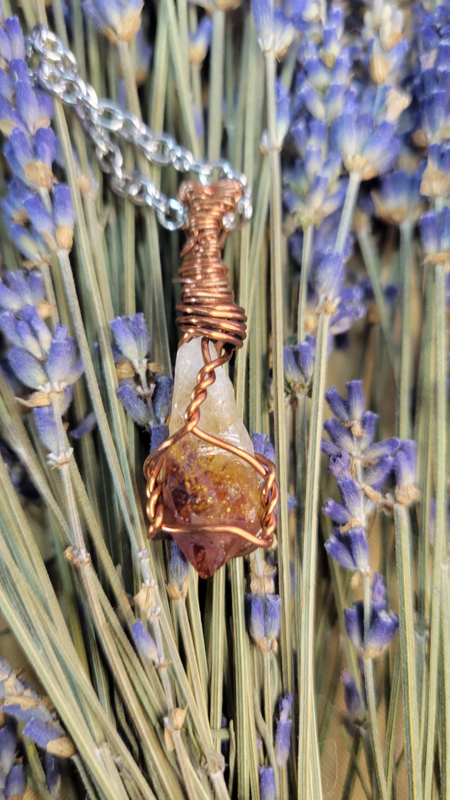 Wire wrapped citrine crystal point necklace