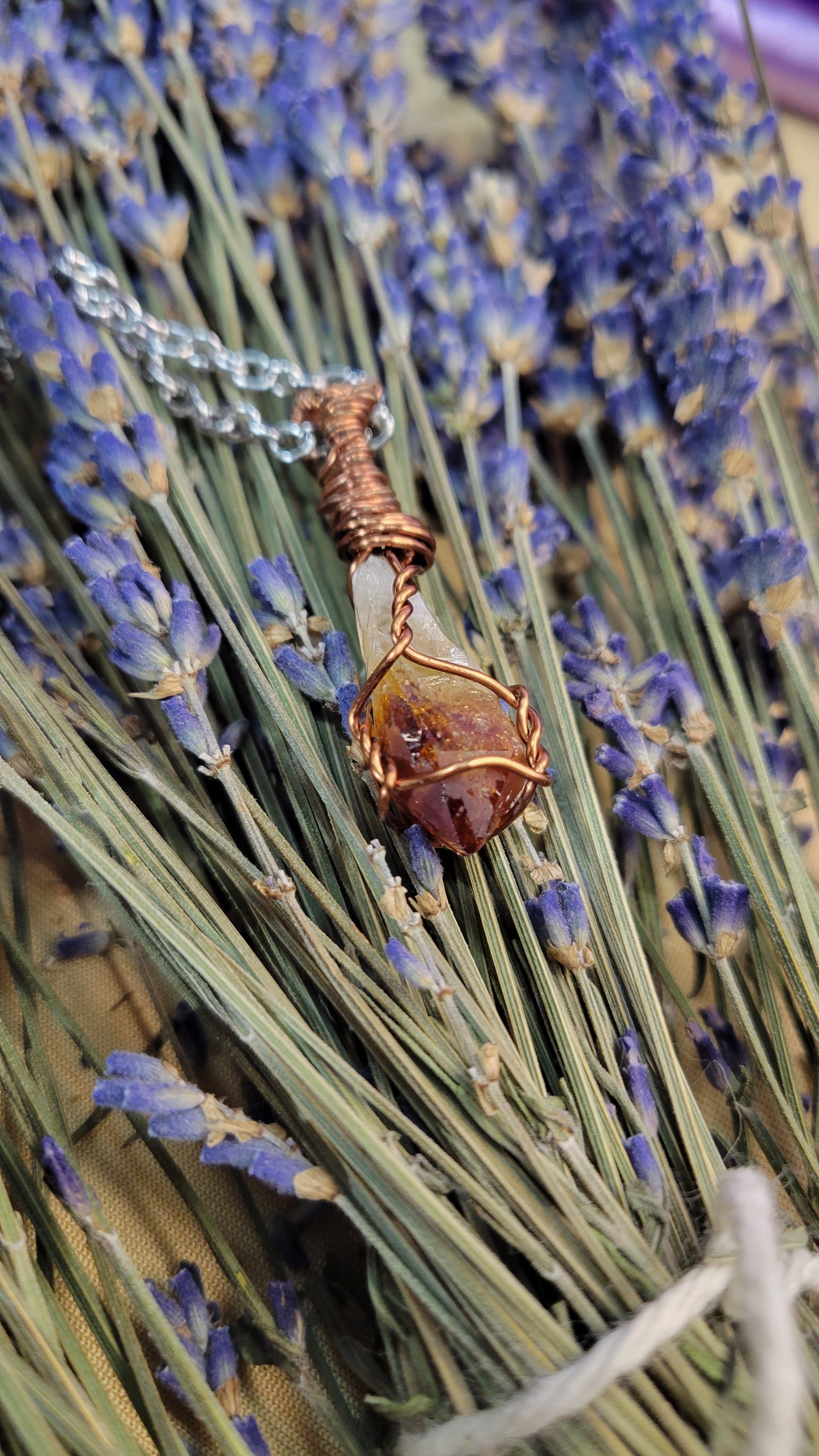 Wire wrapped citrine crystal point necklace