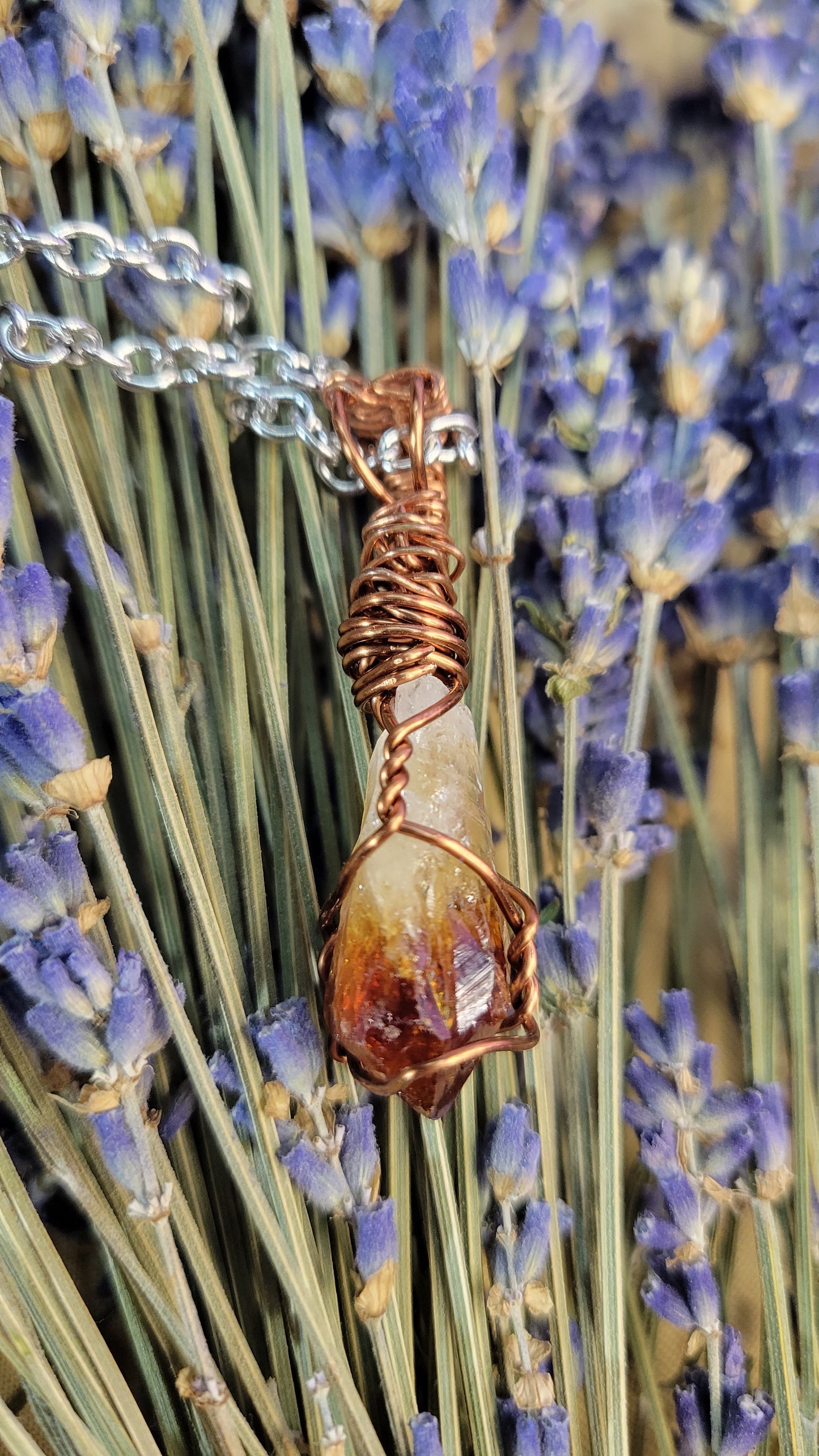 Wire wrapped citrine crystal point necklace