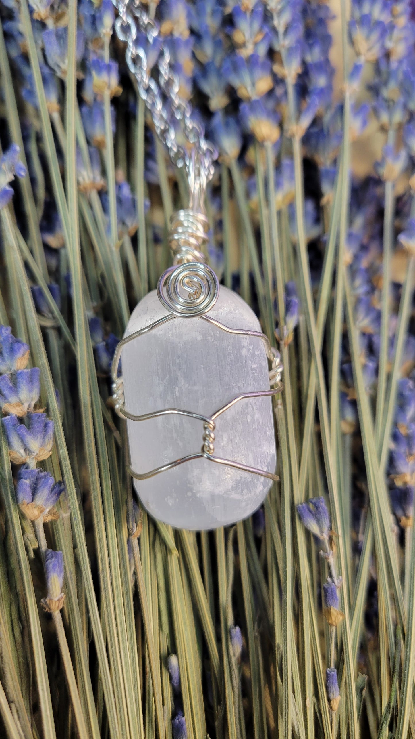 Wire wrapped Selenite crystal necklace