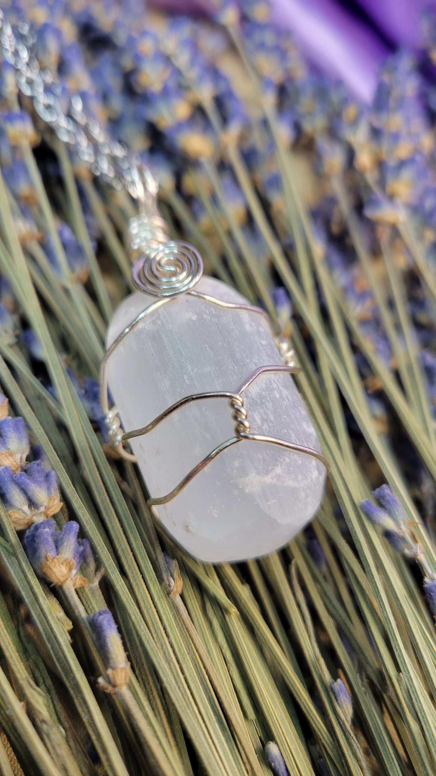 Wire wrapped Selenite crystal necklace