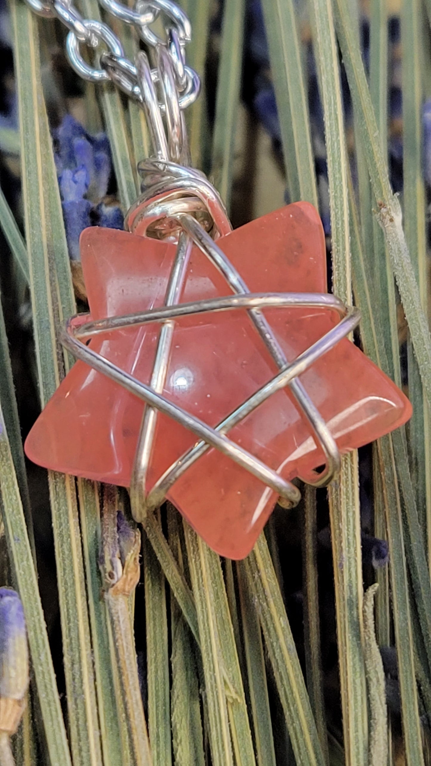 Wire wrapped strawberry quartz star necklace