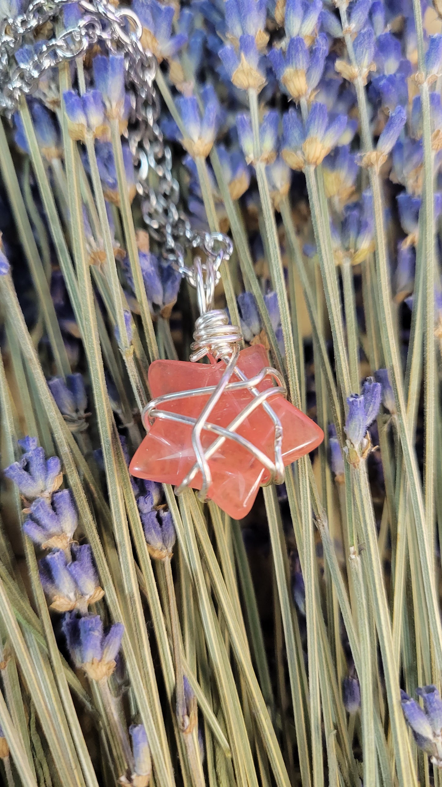 Wire wrapped strawberry quartz star necklace