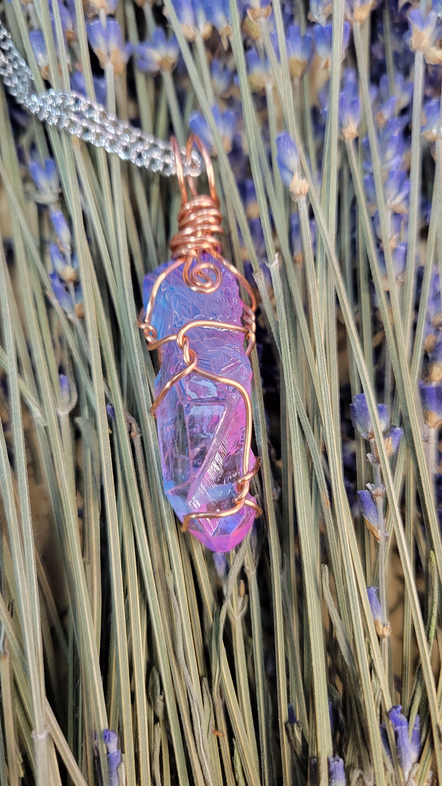 Wire wrapped quartz (artificially colored) crystal necklace