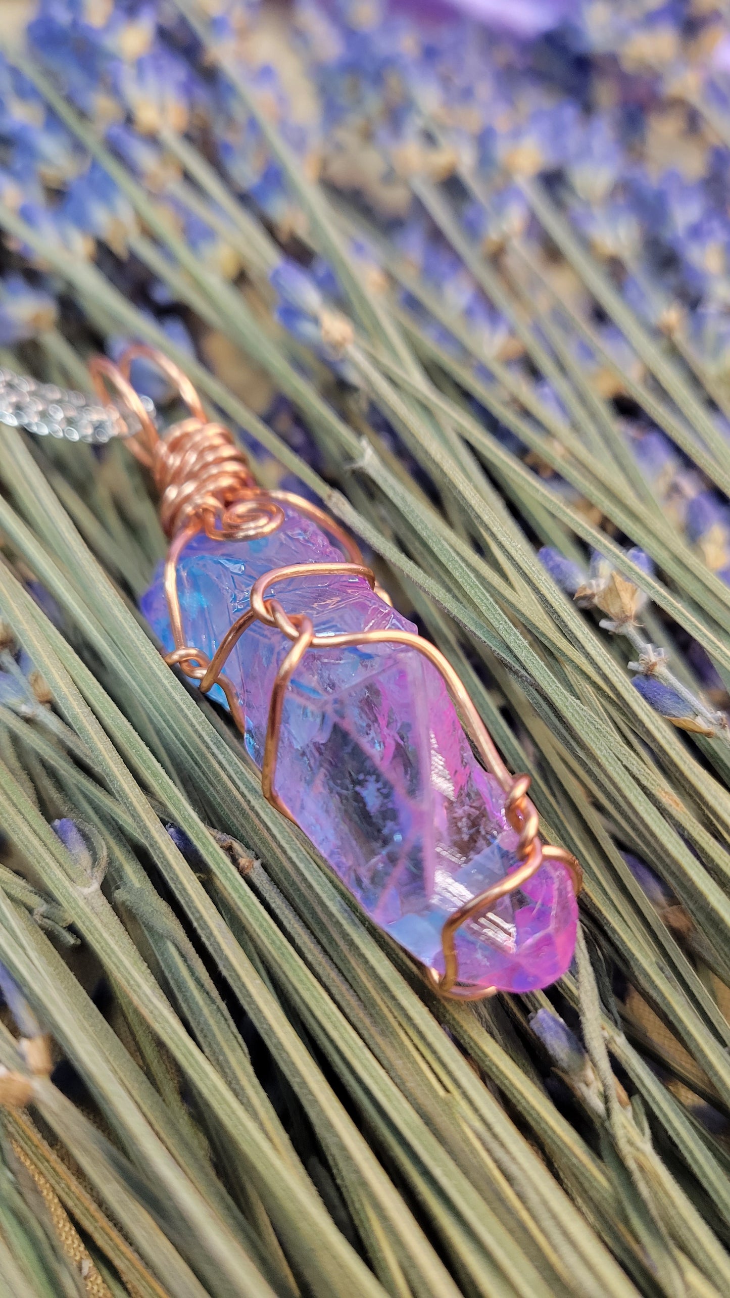 Wire wrapped quartz (artificially colored) crystal necklace