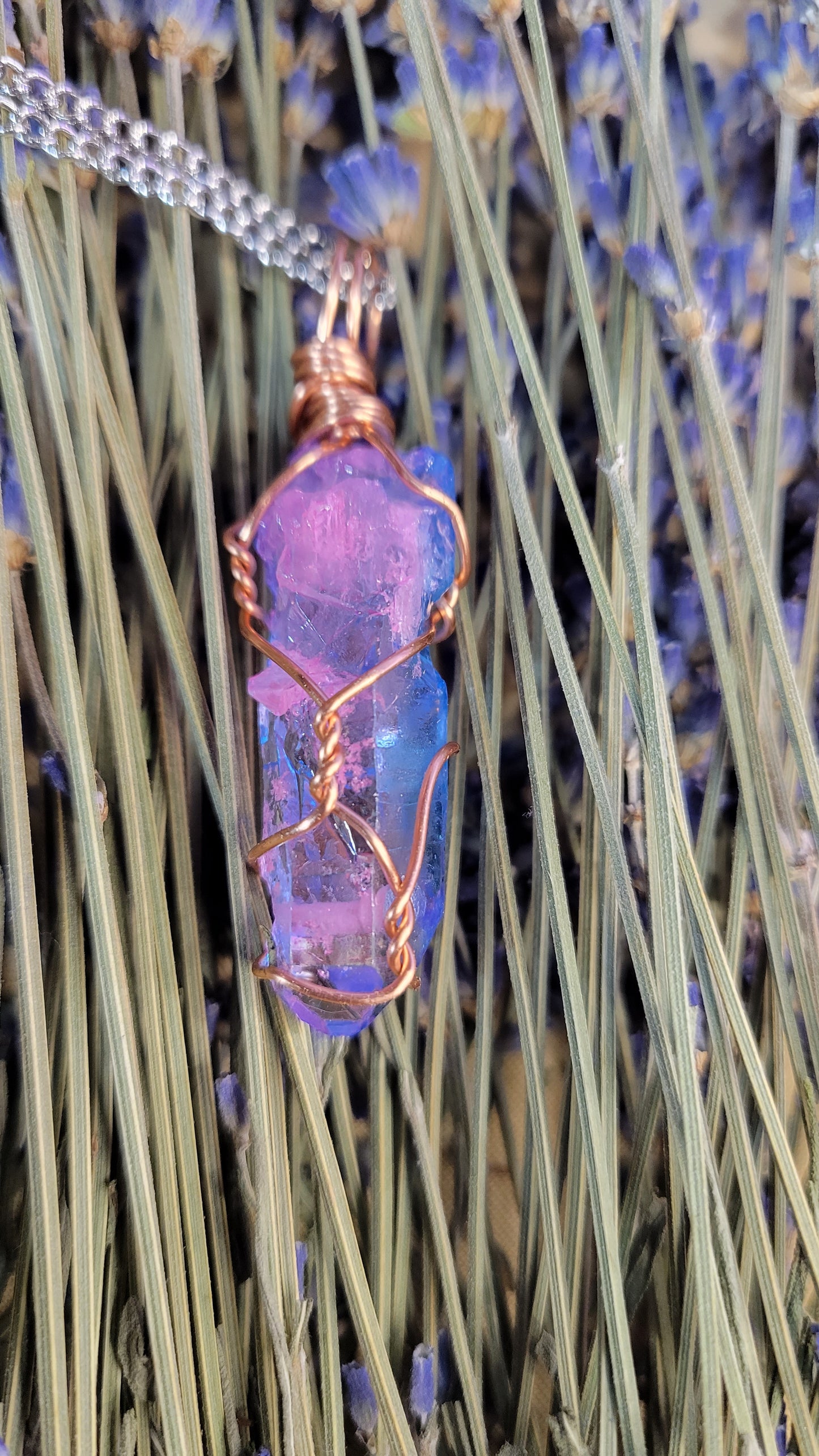 Wire wrapped quartz (artificially colored) crystal necklace