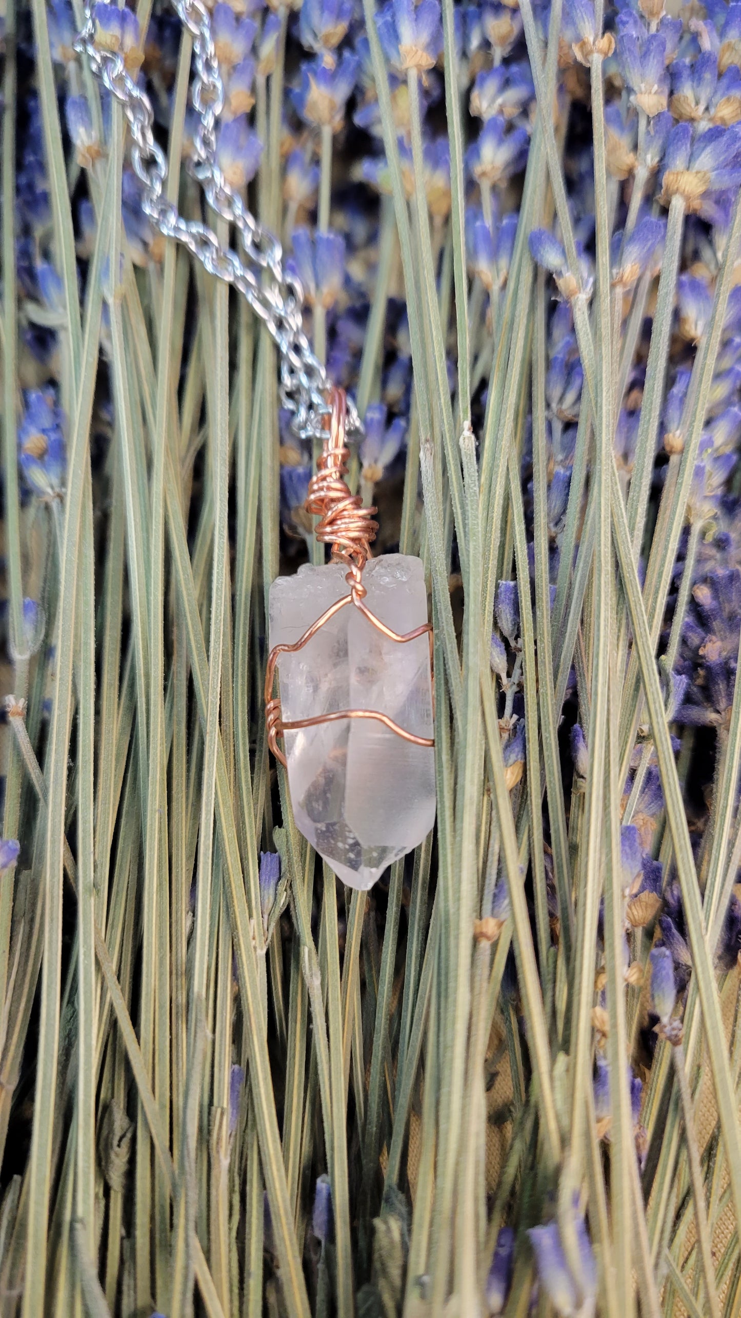 Wire wrapped clear quartz crystal necklace