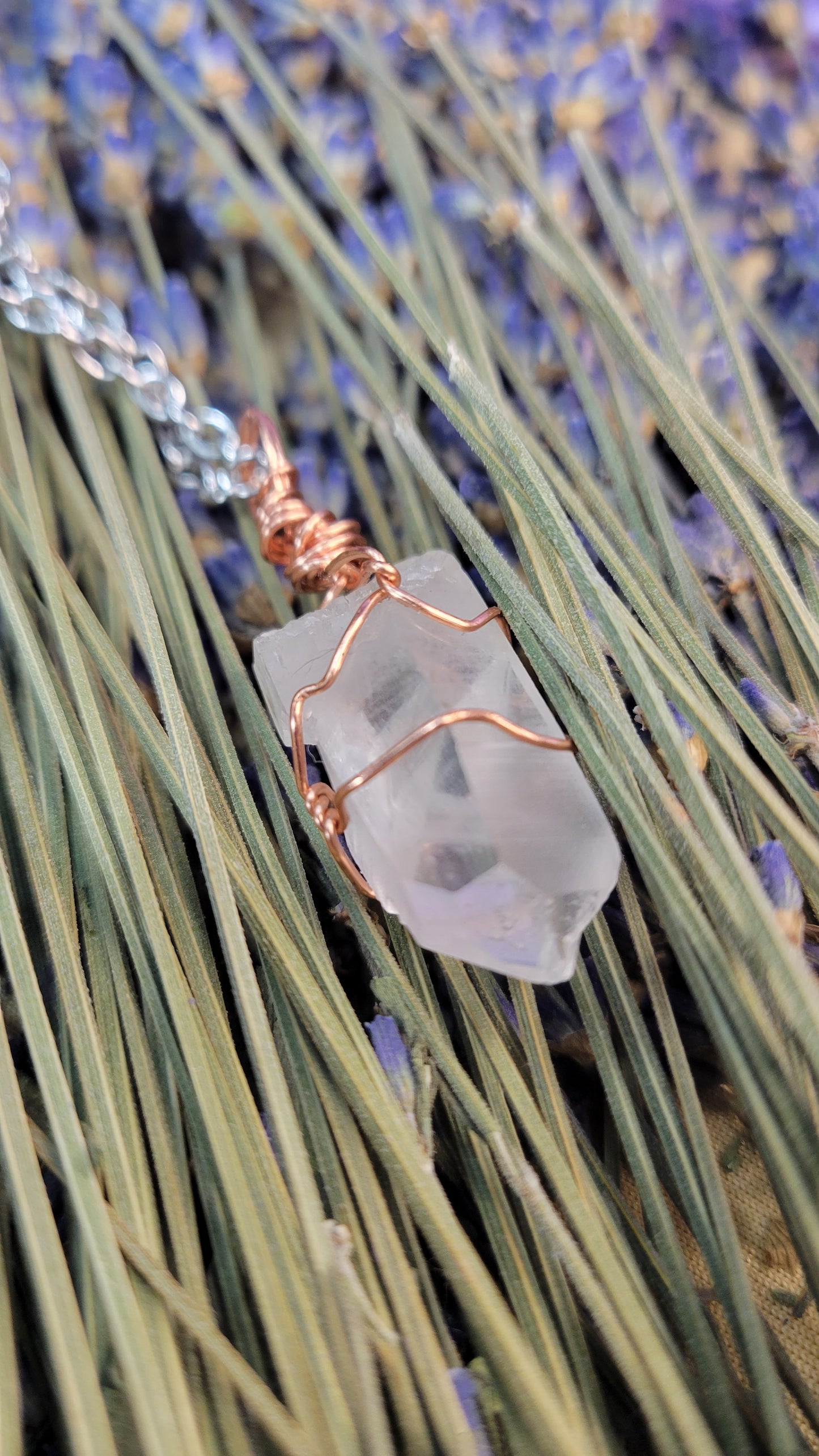 Wire wrapped clear quartz crystal necklace