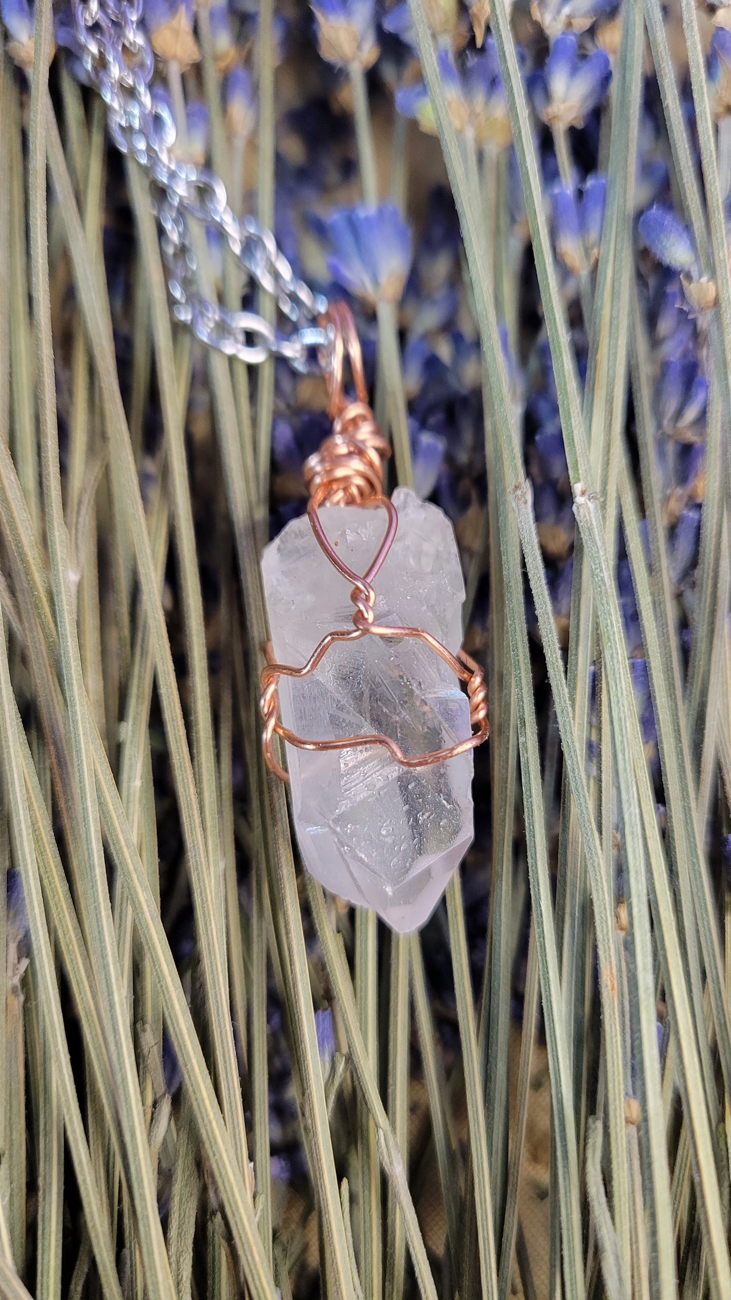 Wire wrapped clear quartz crystal necklace