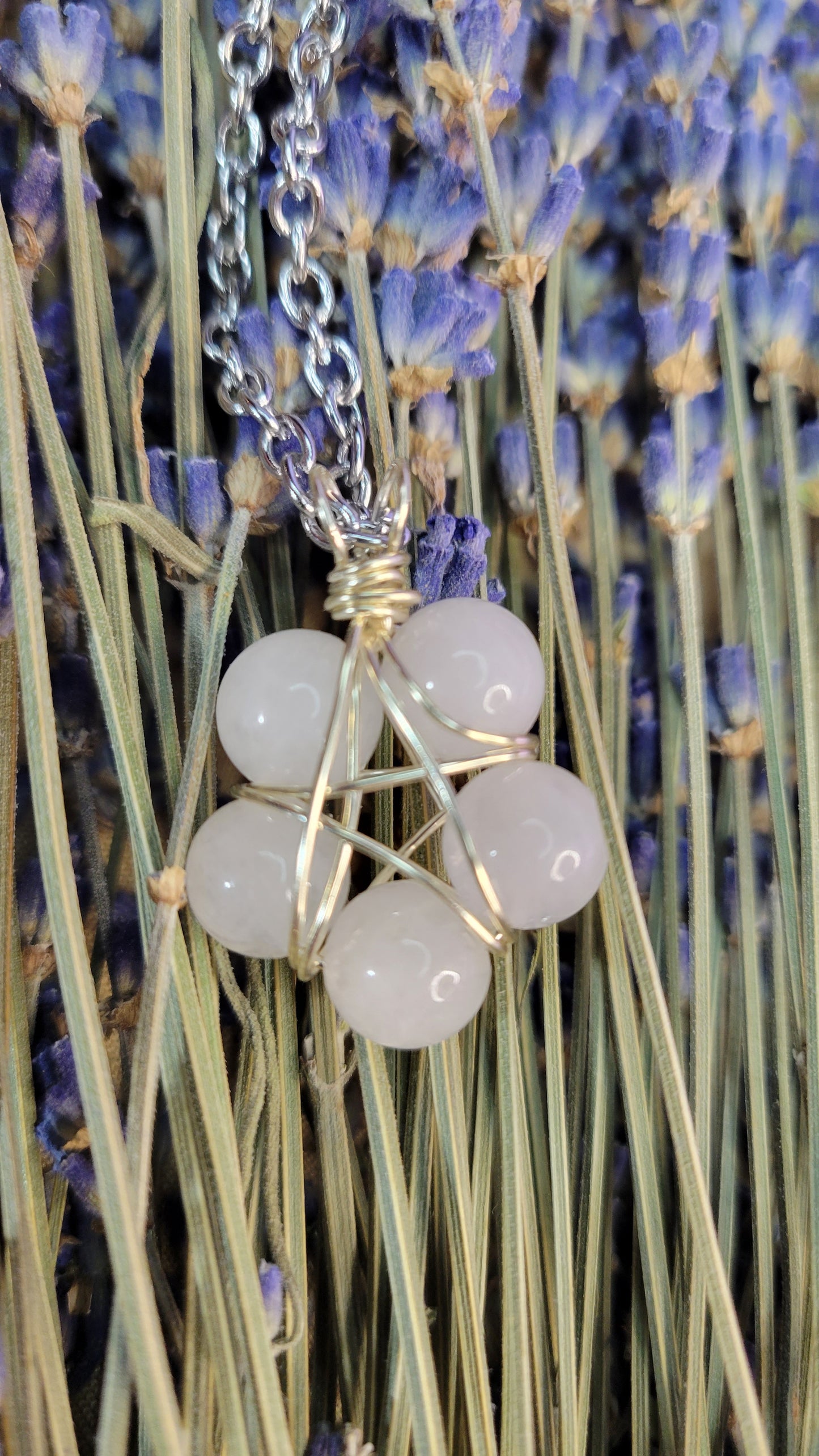 Wire wrapped quartz bead crystal necklace, star shape