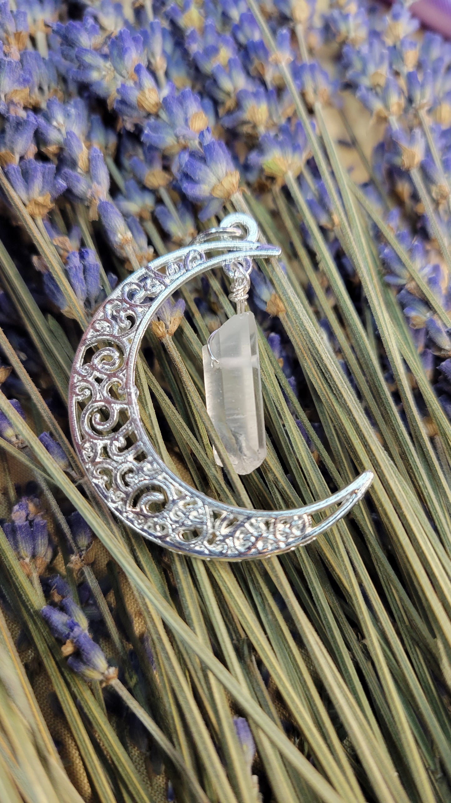 Moon necklace with wire wrapped quartz crystal