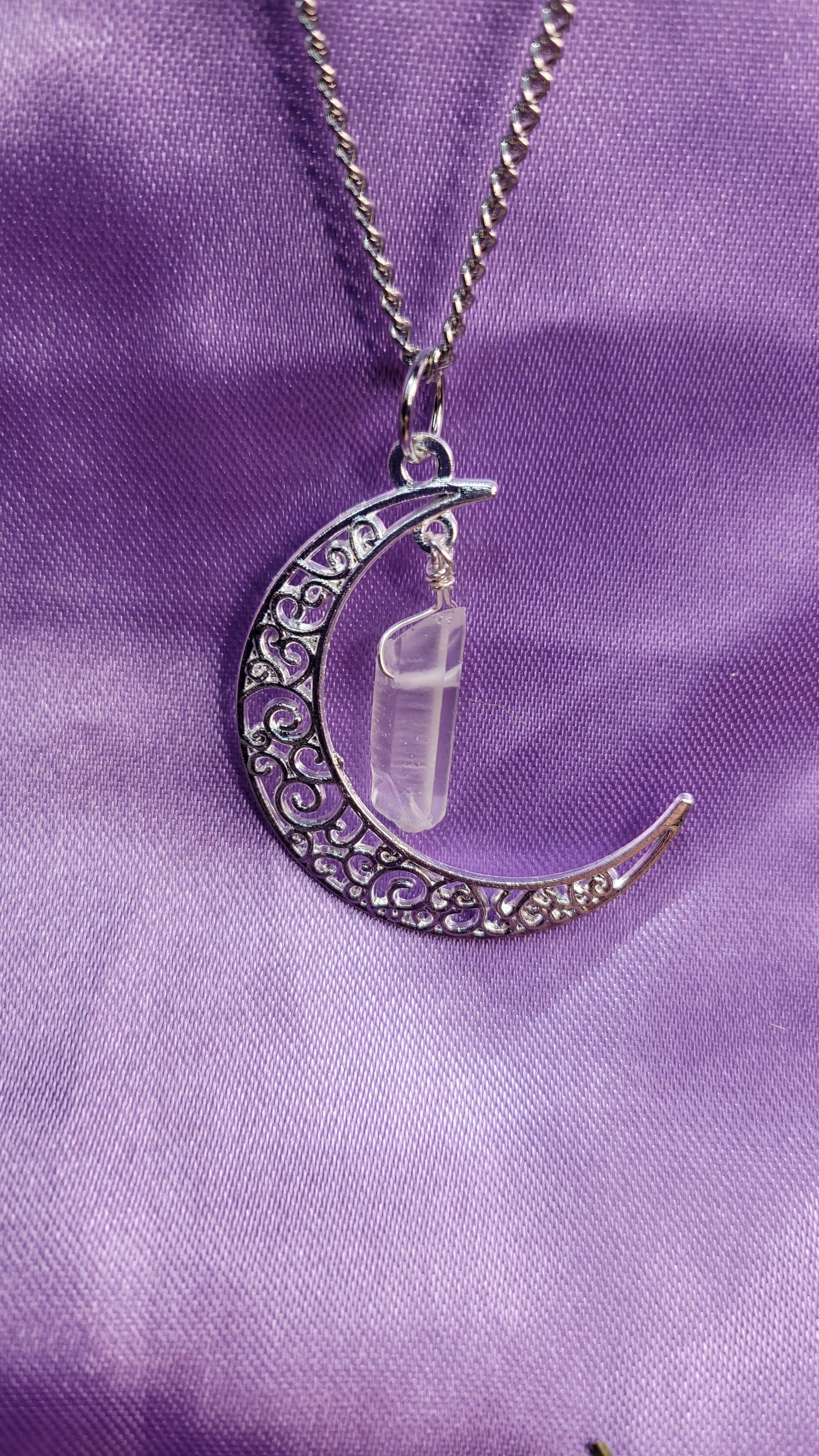 Moon necklace with wire wrapped quartz crystal