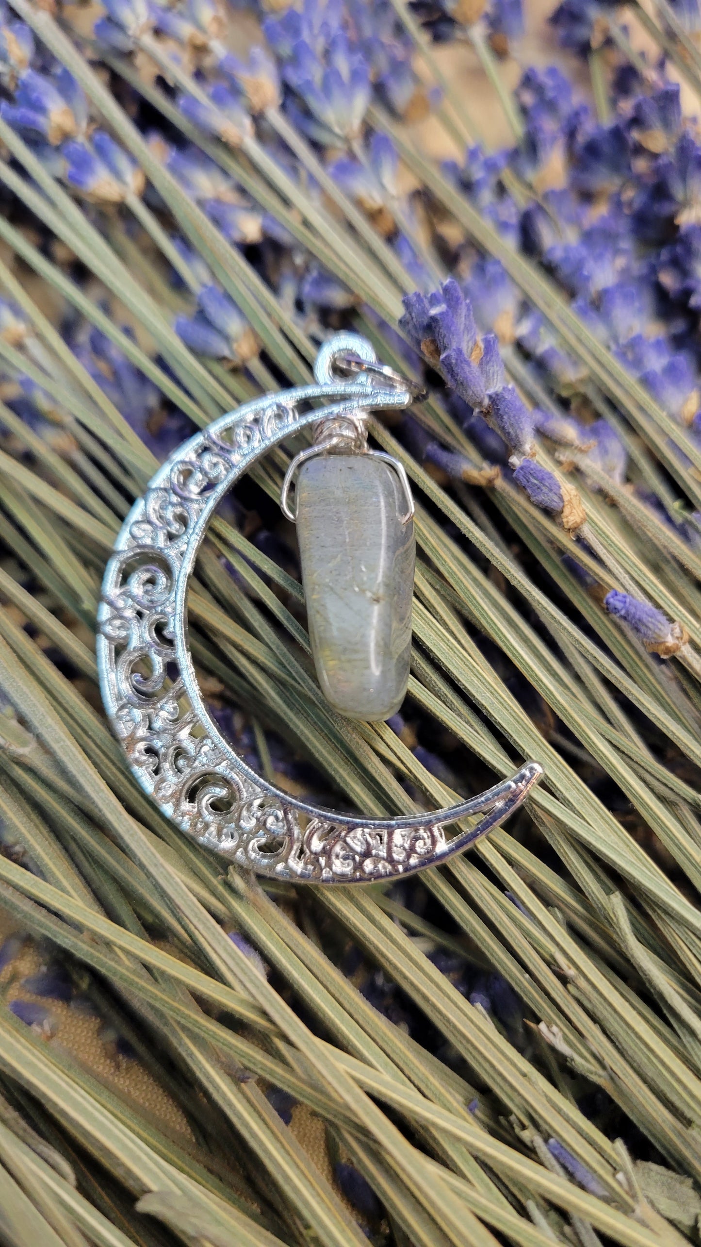 Moon necklace with wire wrapped labradorite crystal