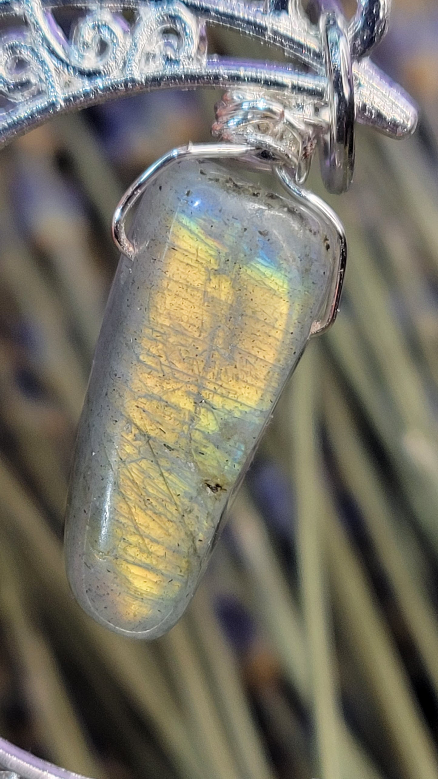 Moon necklace with wire wrapped labradorite crystal