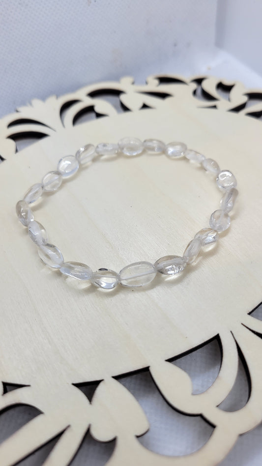Clear quartz flat oval bead bracelet