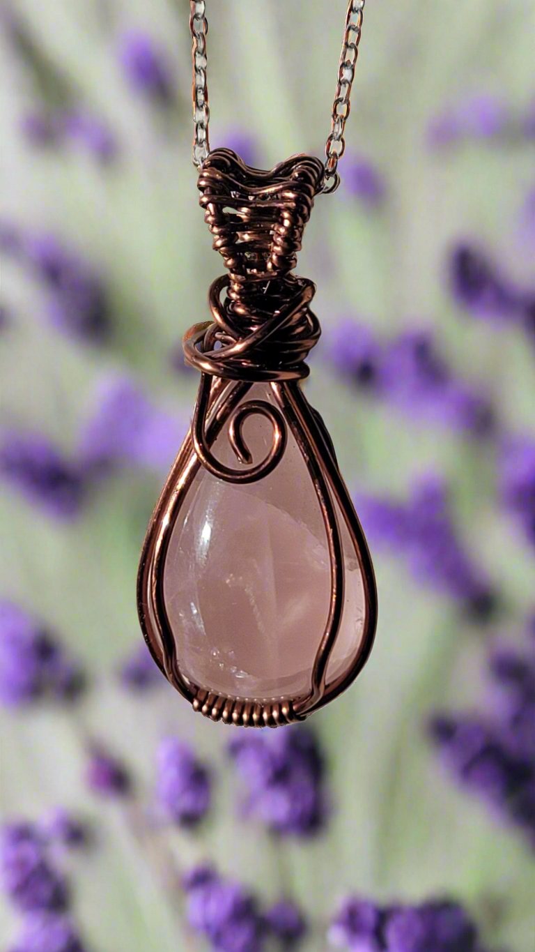 Wire wrapped rose quartz teardrop cabachon