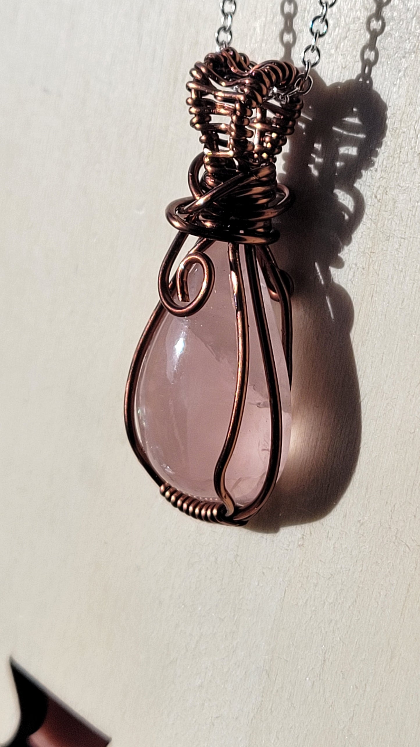 Wire wrapped rose quartz teardrop cabachon