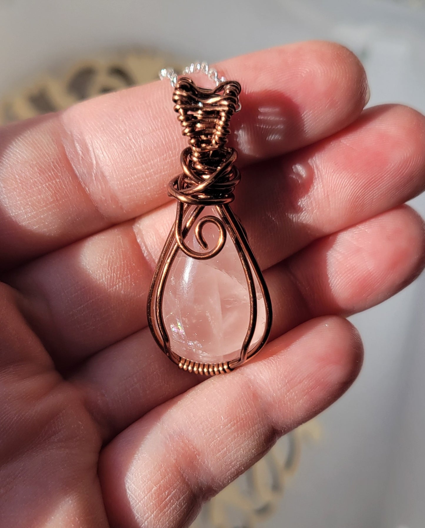 Wire wrapped rose quartz teardrop cabachon