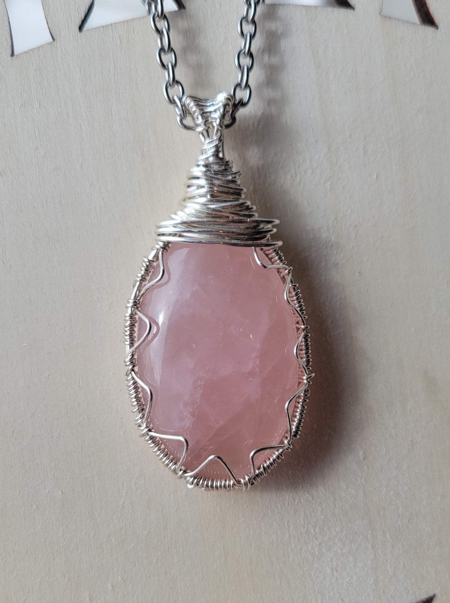 Wire wrapped rose quartz necklace