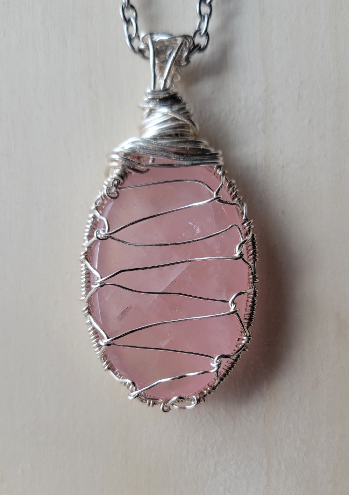 Wire wrapped rose quartz necklace