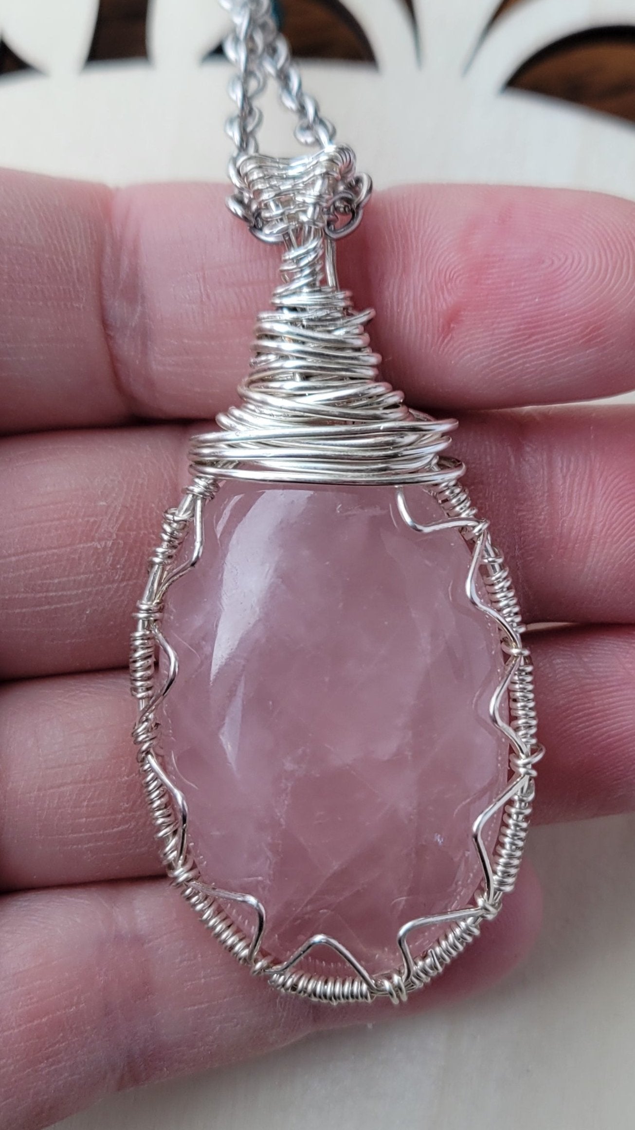 Wire wrapped rose quartz necklace