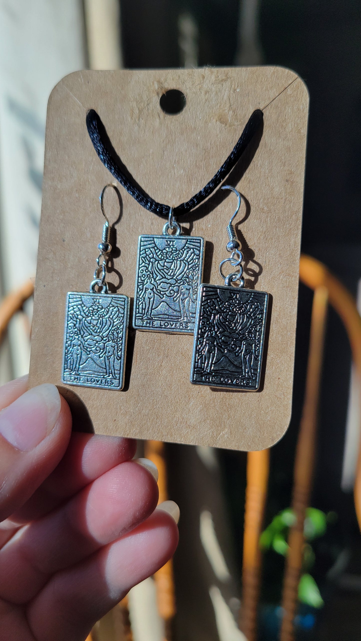 Tarot card necklace and sterling silver tarot earrings