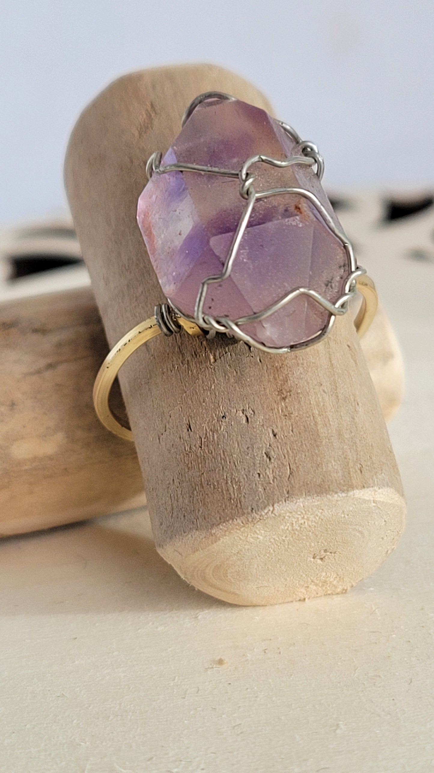 Amethyst crystal ring, wire wrapped