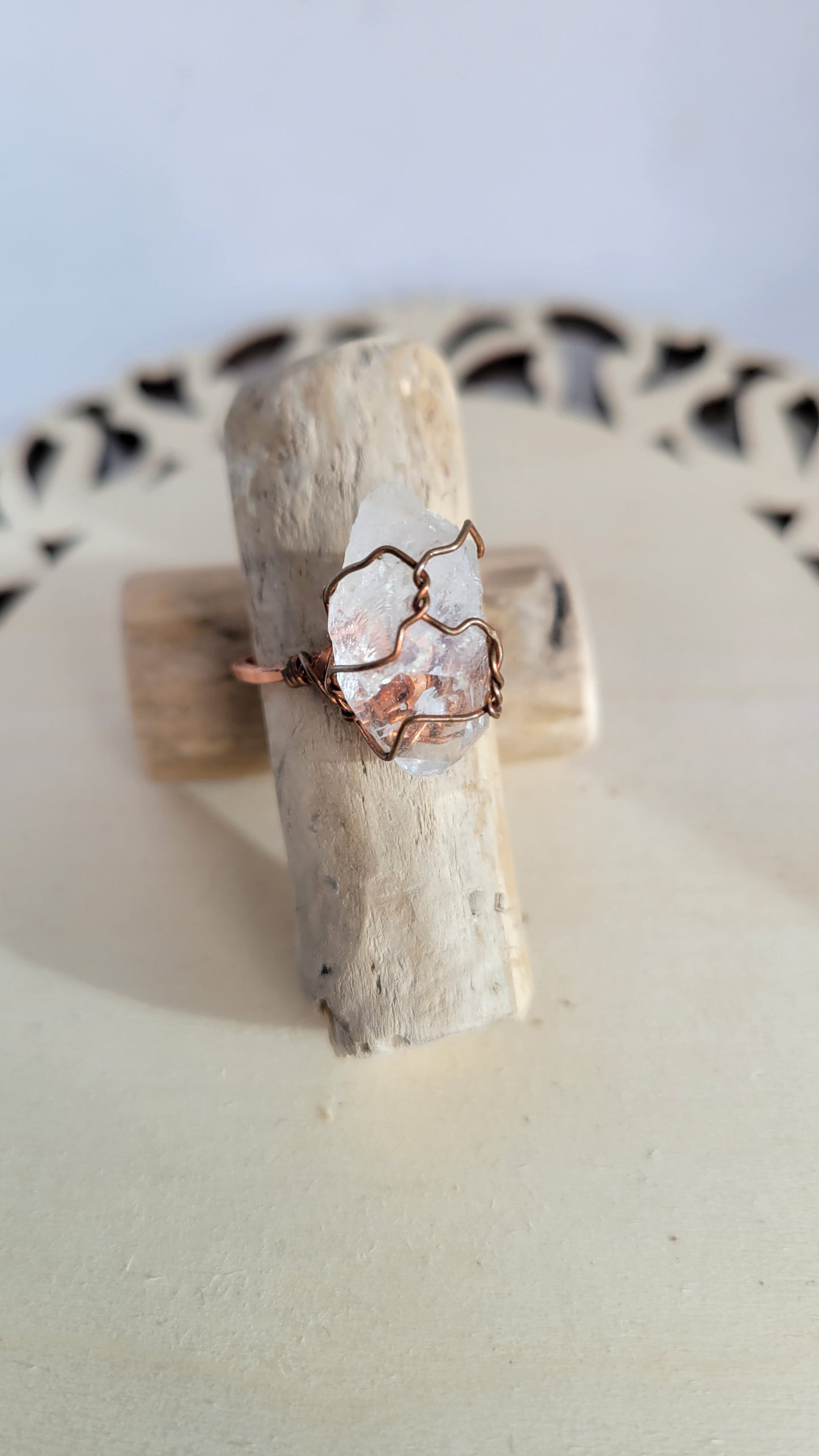 Quartz crystal ring, wire wrapped ring