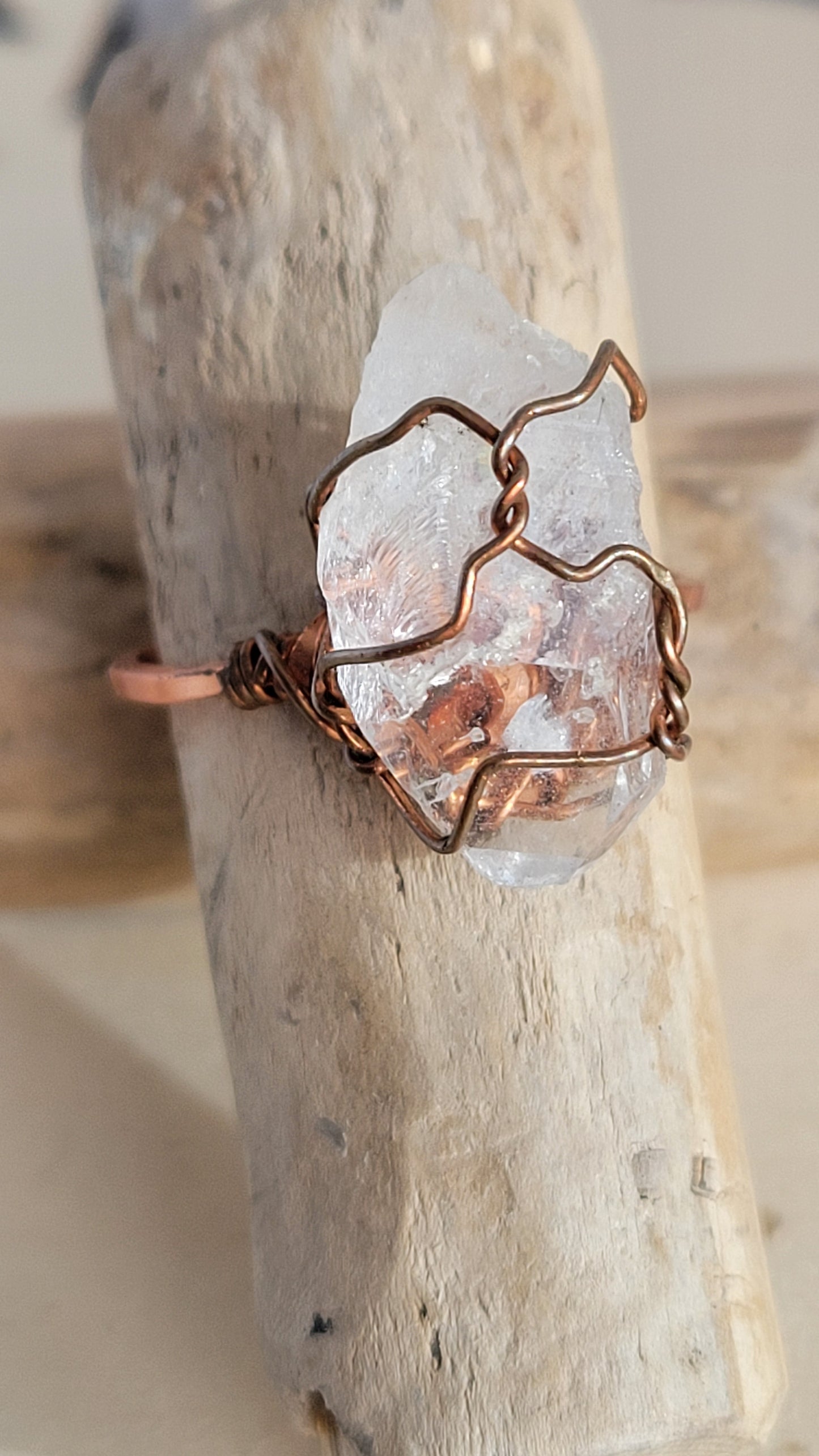 Quartz crystal ring, wire wrapped ring