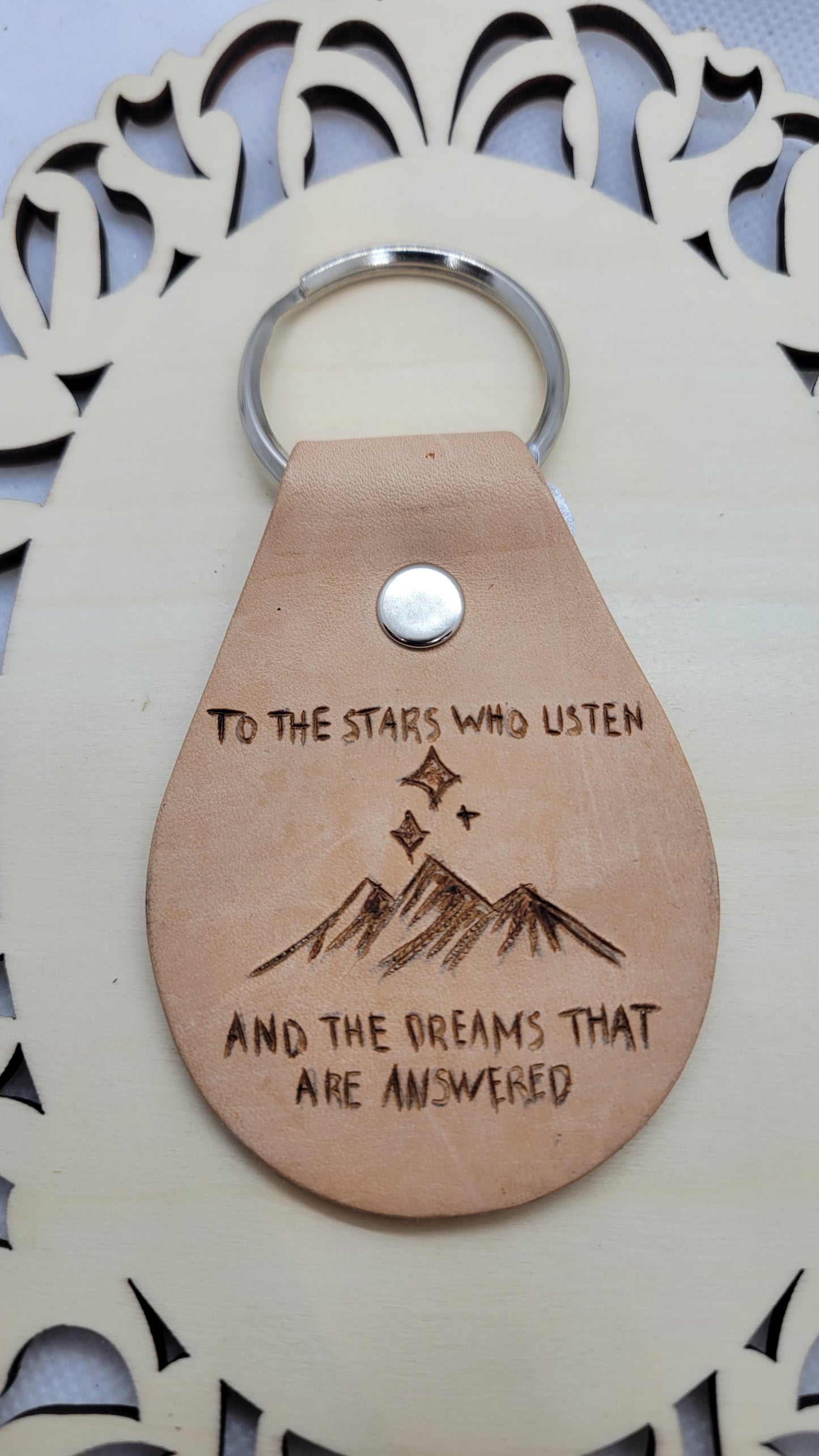 Leather keychain, handburned design