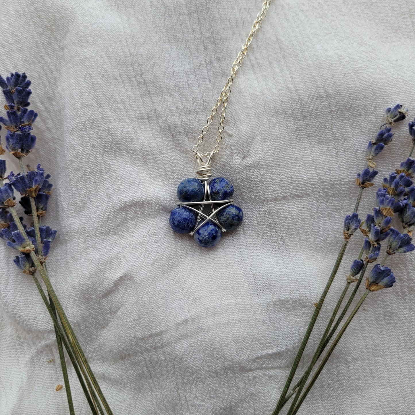 wire wrapped Lapis lazuli crystal bead necklace